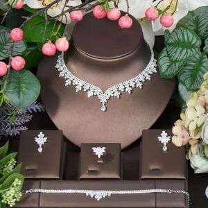 Zirconia Water Drop Silver Necklace, Earrings, Ring And Bracelet Set